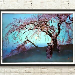 Japonská umělecká reprodukce “Kumoi Cherry Tree” od Yoshida Hiroshi